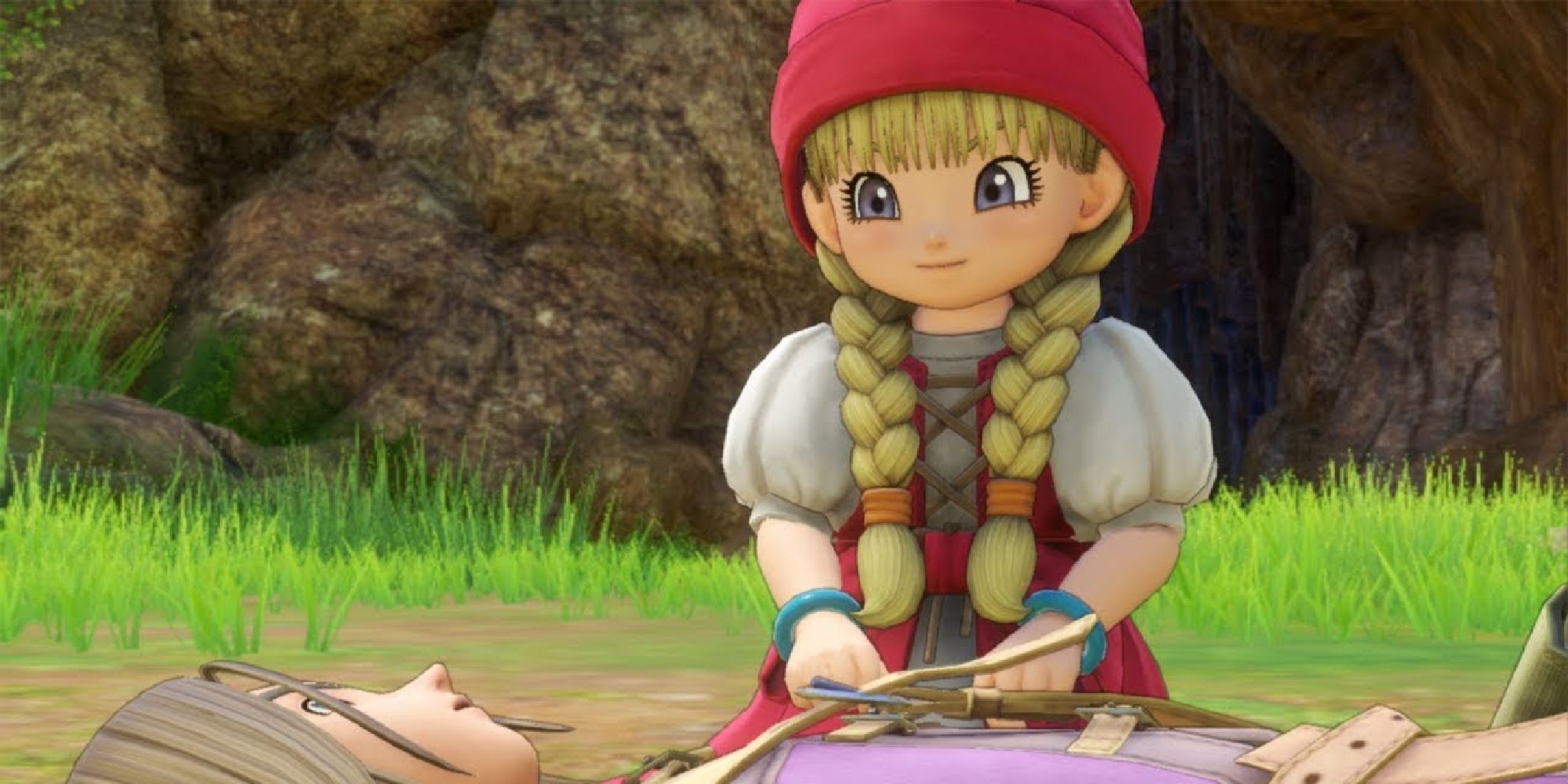 Veronica kneeling beside The Luminary in Dragon Quest XI