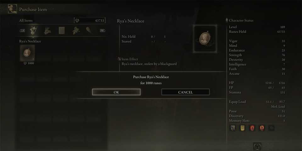 Elden Ring Buying Rya Necklace