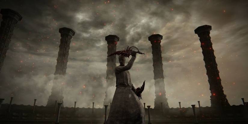 Tarnished using "Haslow's Oath" gesture in Dragonlord Placidusax Boss arena with Reduvias