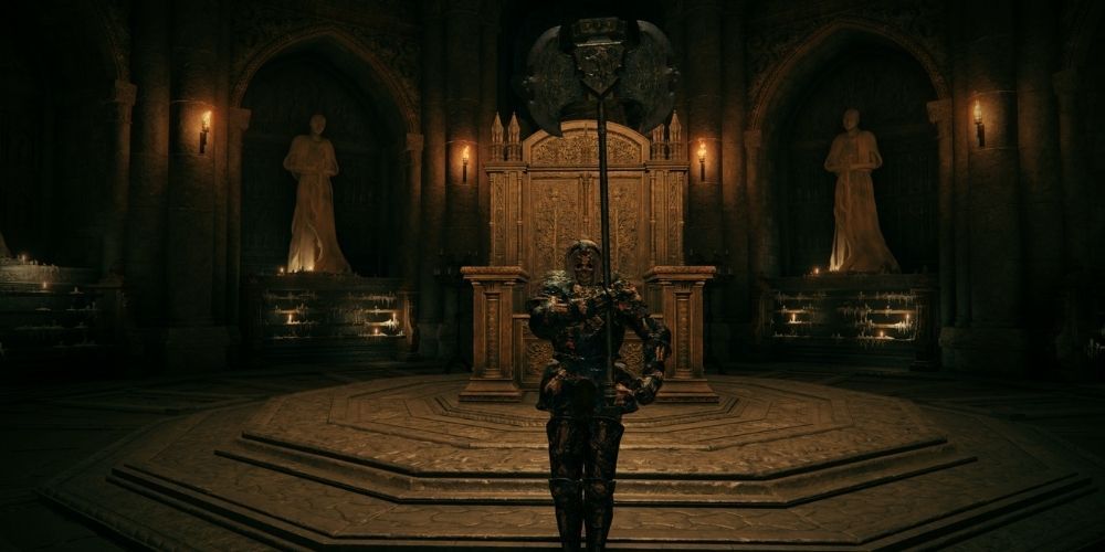 Tarnsihed using the "By My Sword" gesture in the Stormveil throne room with the  Axe of Godrick