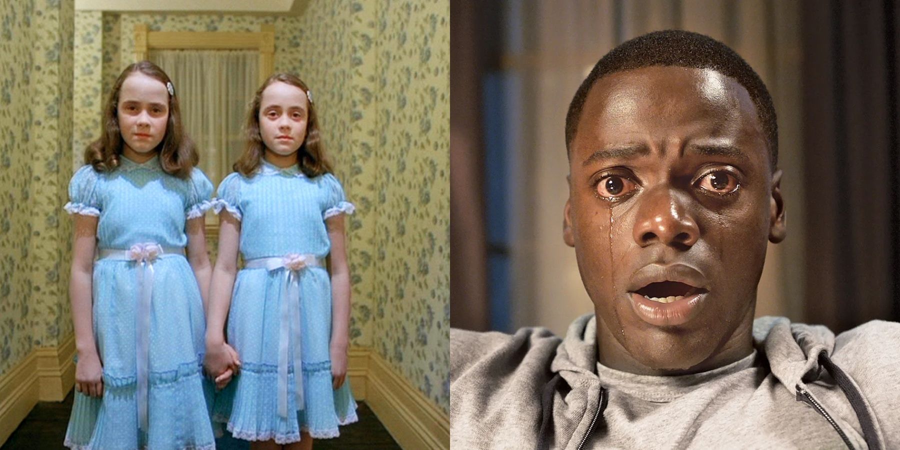 Split image of the twins in The Shining and Daniel Kaluuya as Chris in Get Out