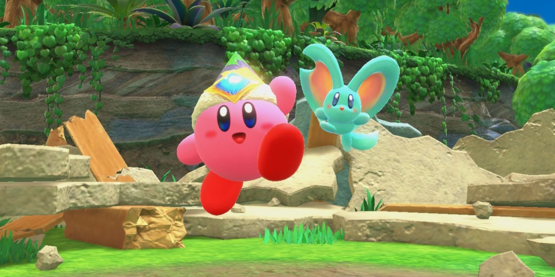 Elfilin and Bomb Kirby cheering in the Kirby and the Forgotten Land introduction