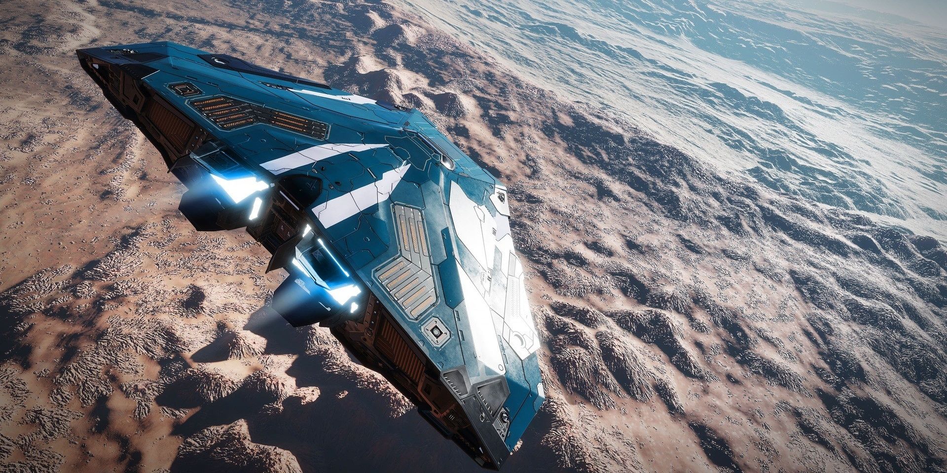 A spaceship flies close to a rocky planet's surface in Elite: Dangerous