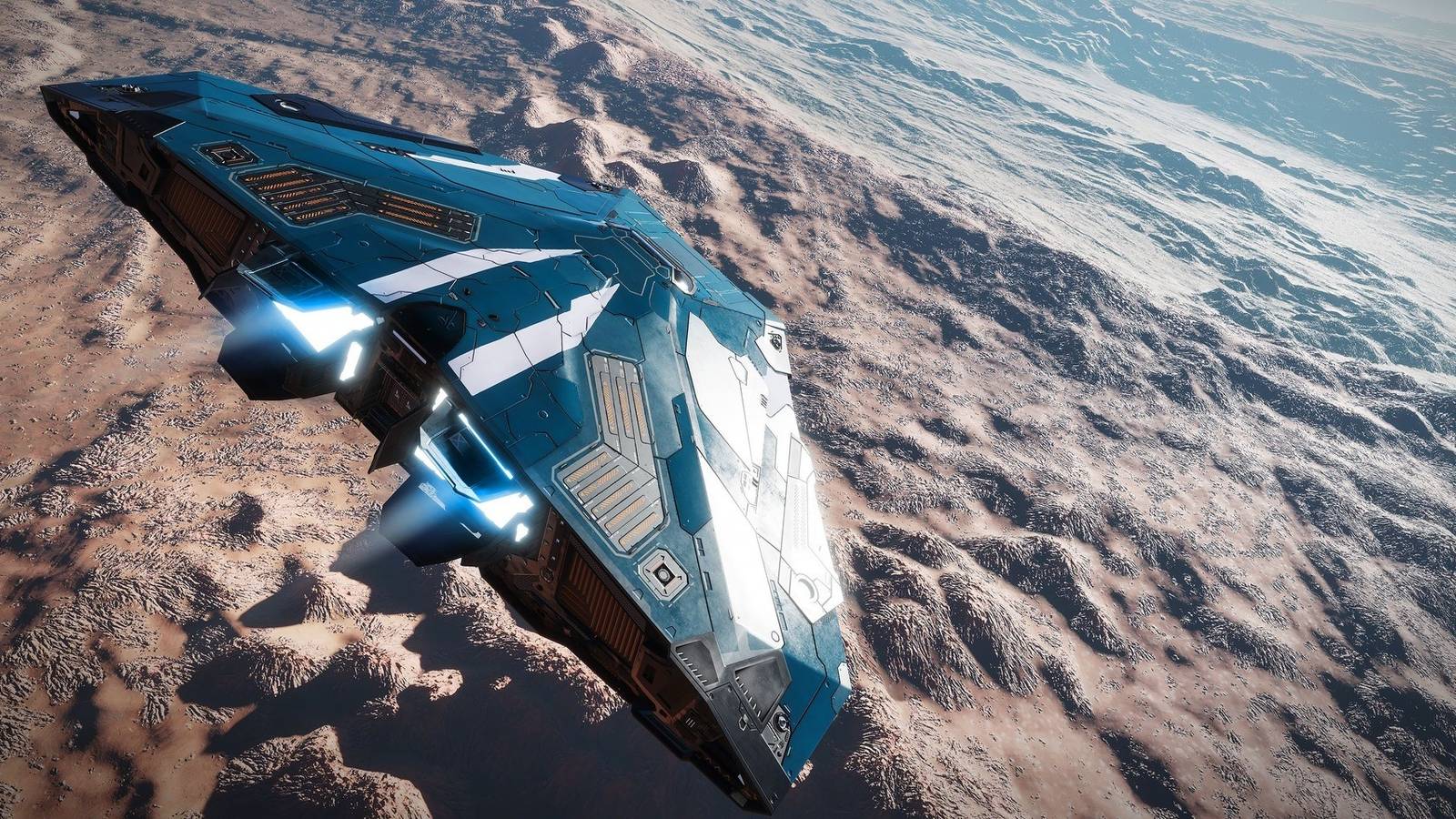 A spaceship flies close to a rocky planet's surface in Elite: Dangerous
