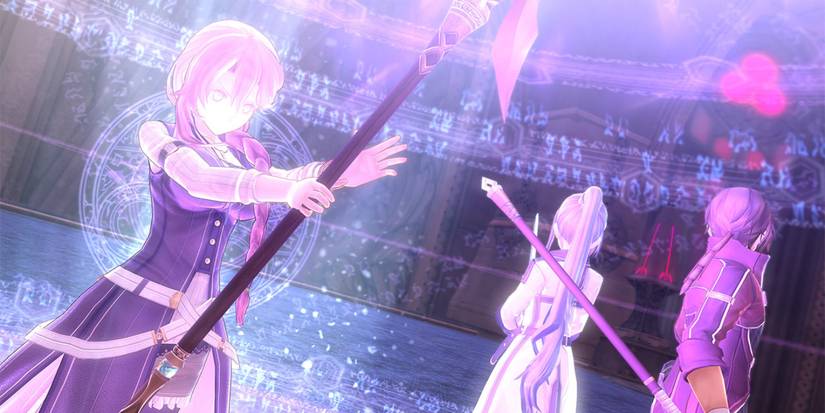 Emma Millstein casting a spell behind Laura Arseid and Gaius Worzel