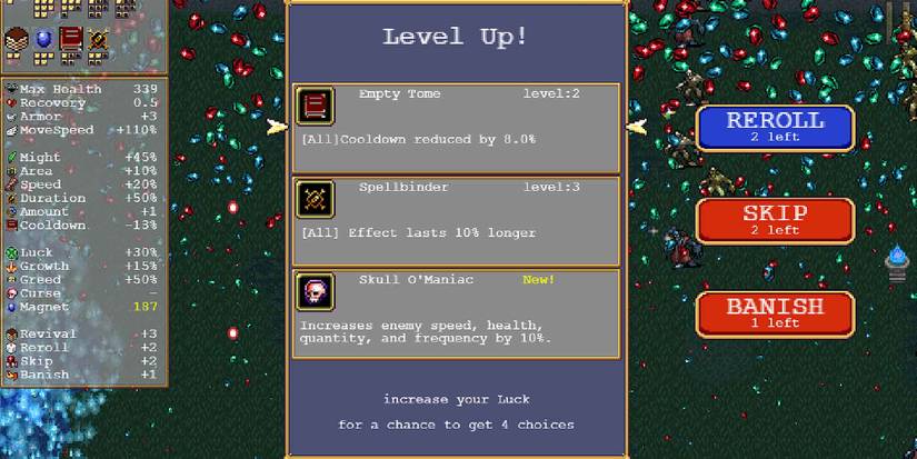 The Empty Tome and Spellbinder accessories in Vampire Survivors