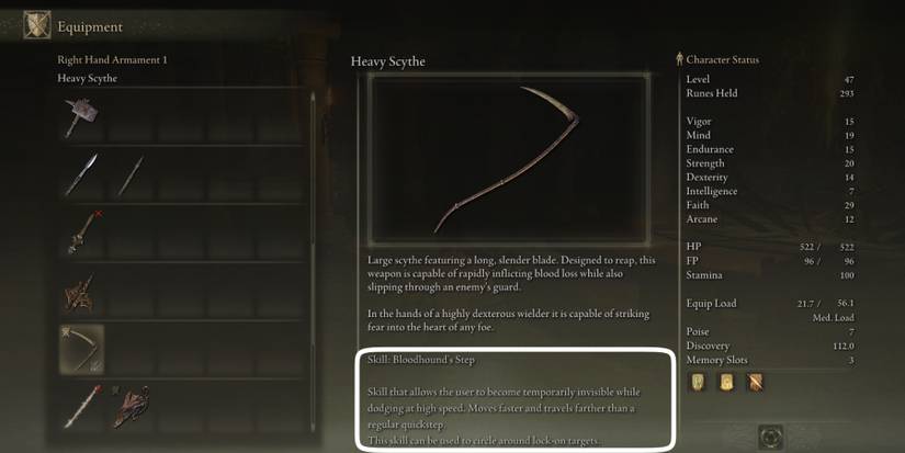 Equipping Bloodhound's Step on a Scythe in Elden Ring