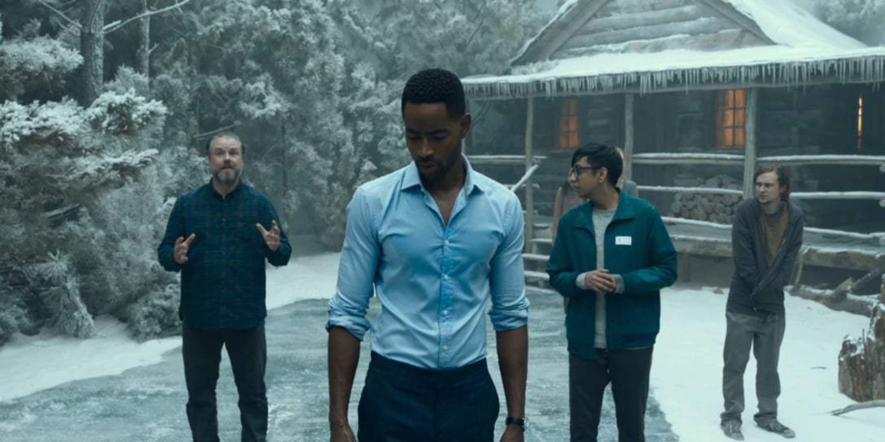 The main characters in a winter cabin in Escape Room 2019 movie