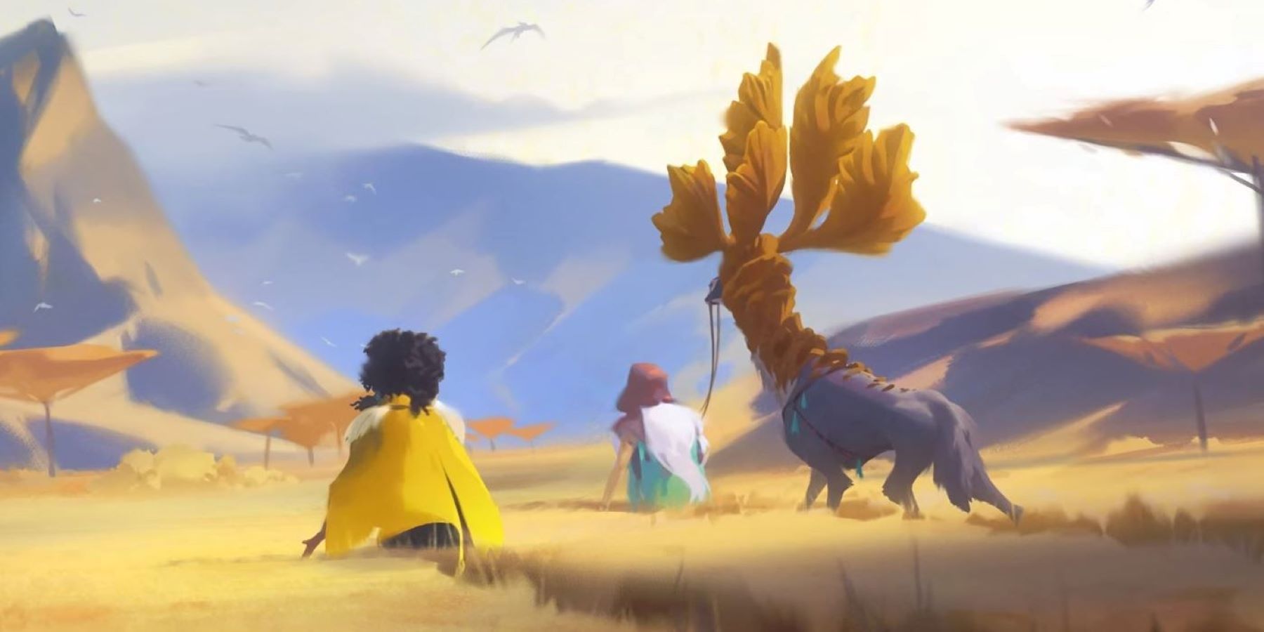 Everwild concept art showing two Eternals and a horned animal walking across a savanna