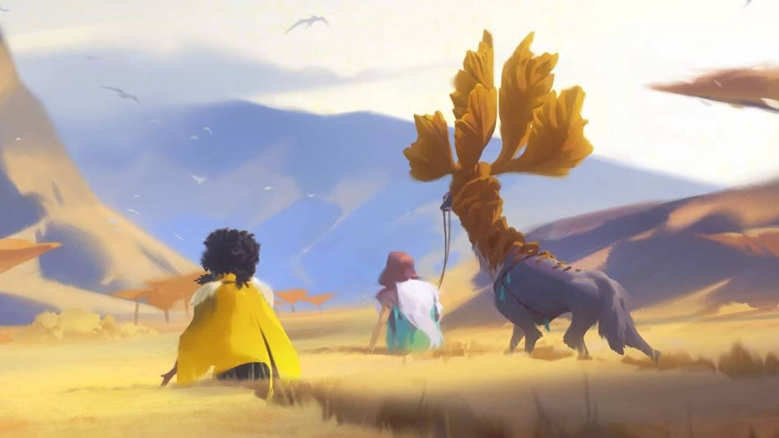 Everwild concept art showing two Eternals and a horned animal walking across a savanna