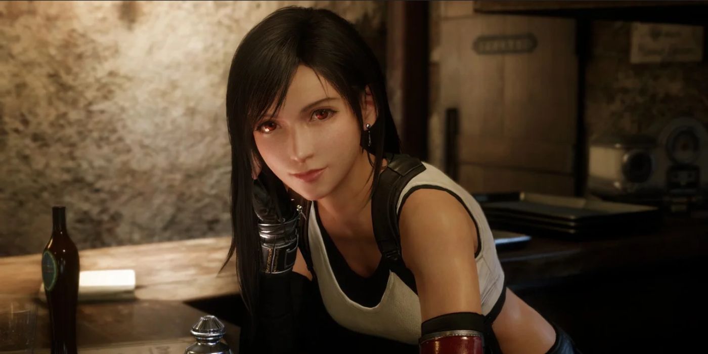 FFVIIR Tifa learning on the counter of her bar