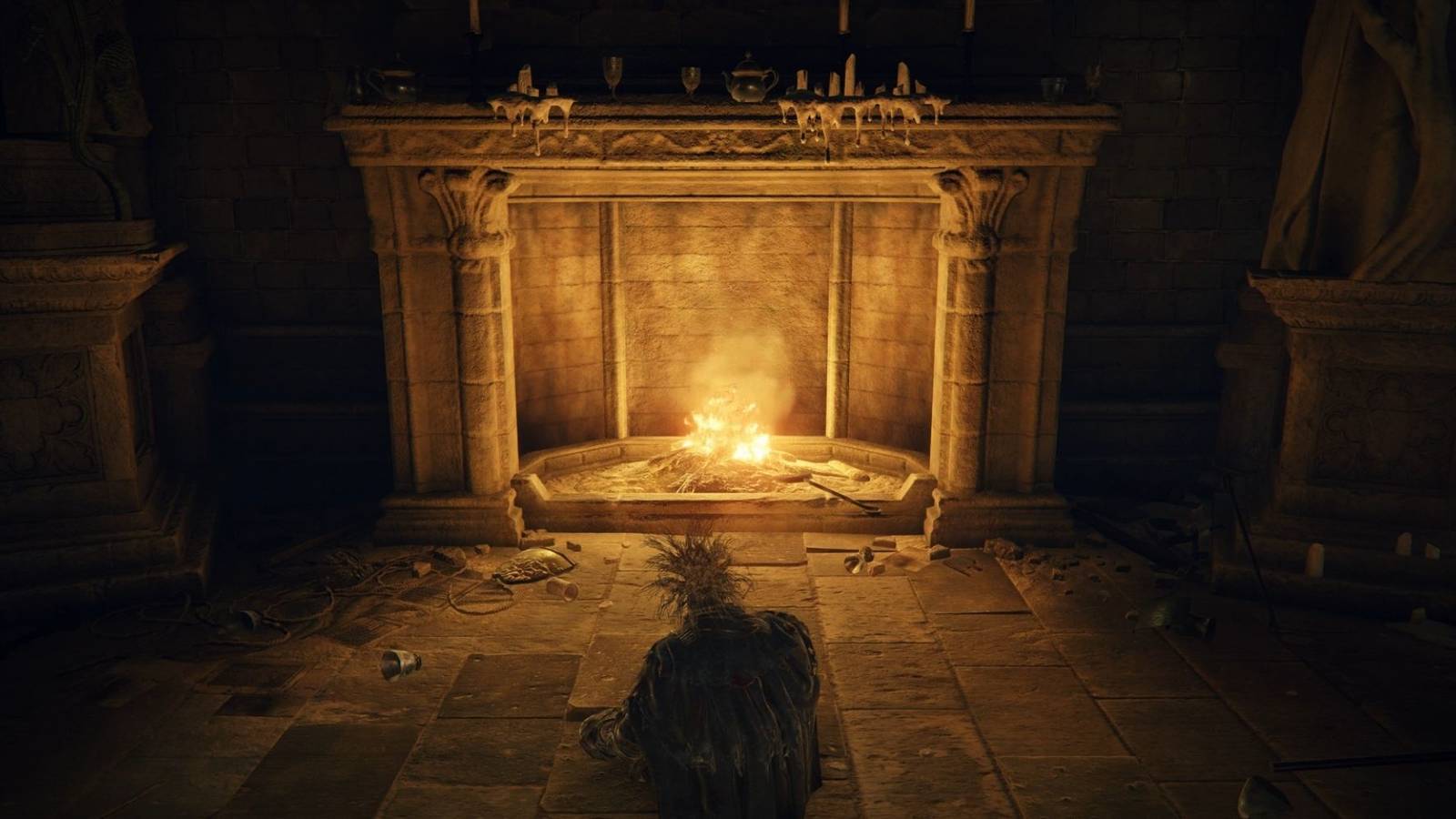 Tarnished Sitting in Front of Fireplace in Roundtable Hold