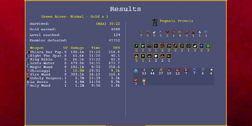 The stage results screen in Vampire Survivors