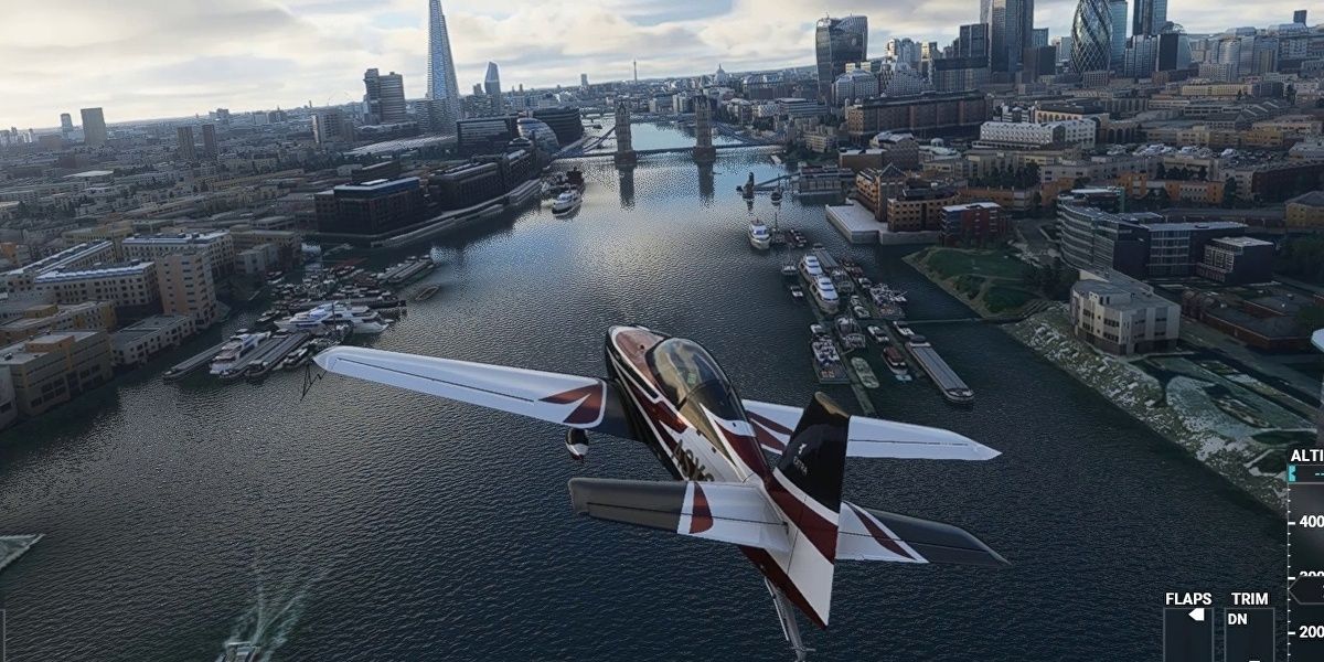 A plane flies through London over the Thames River in Microsoft Flight Simulator 2020