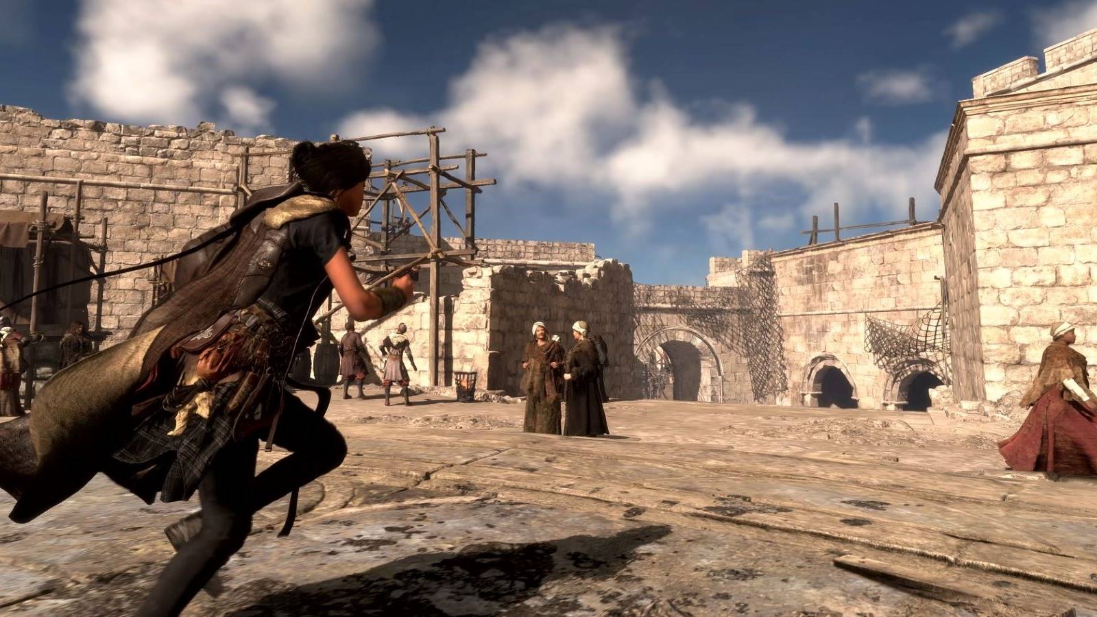 Forspoken's Frey Holland running through a town in Athia