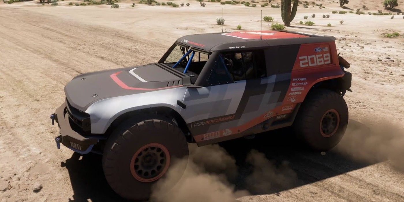 Forza Horizon 5 Ford Bronco 2069 R Welcome Pack skidding and churning up dust on desert road