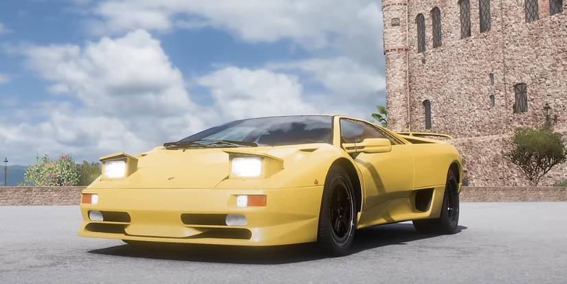 Forza Horizon 5 Lamborghini Diablo GTR at angle in front of castle