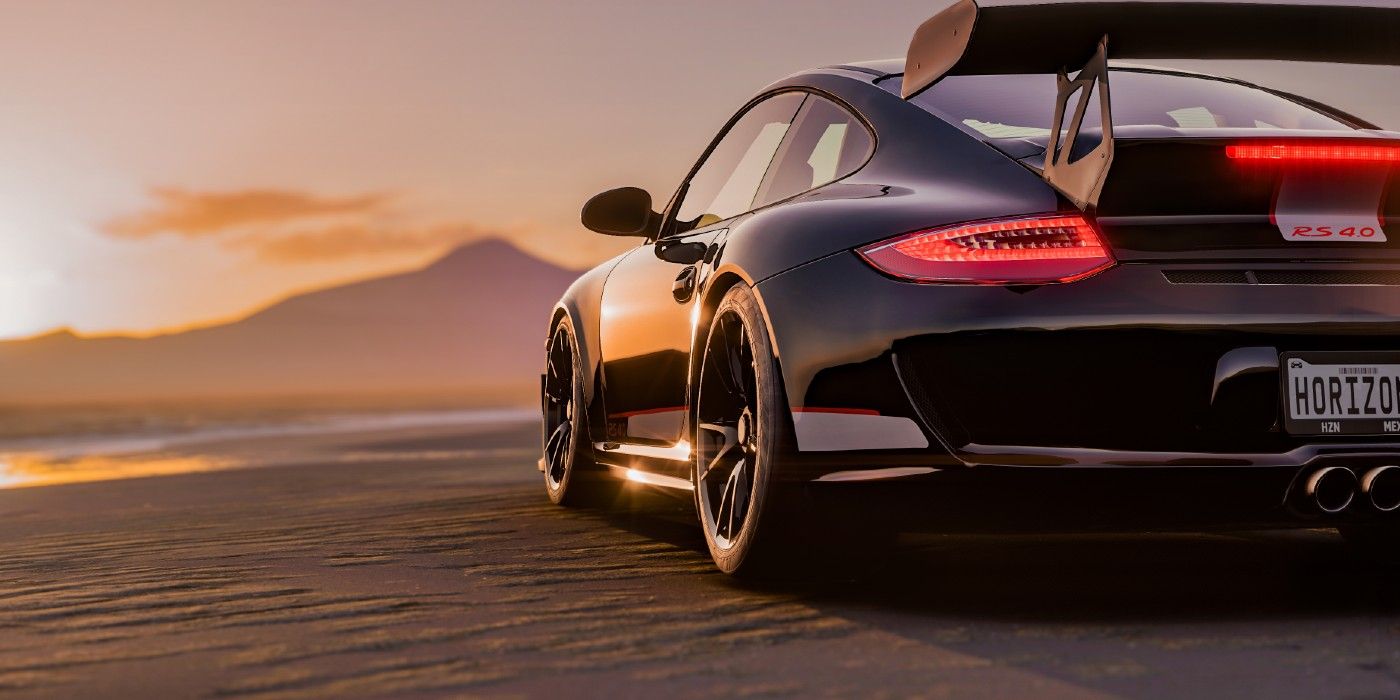 Forza Horizon 5 Porsche 911 GT3 RS 4.0 driving towards water during scenic sunset