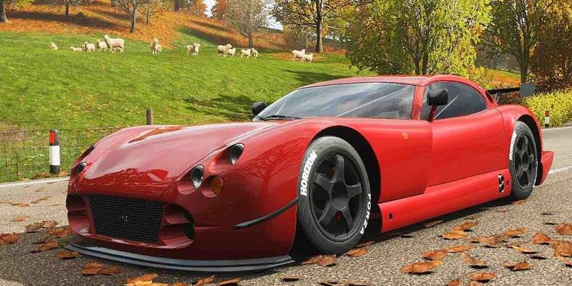 Forza Horizon 5 TVR Cerbera Speed 12 close ngled view on praire with sheep 