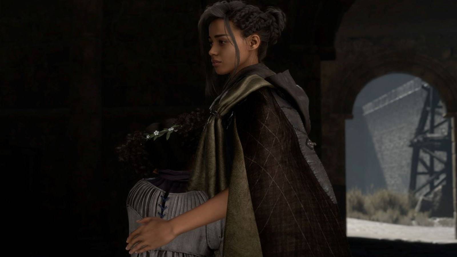 Frey Holland comforting a child in Forspoken