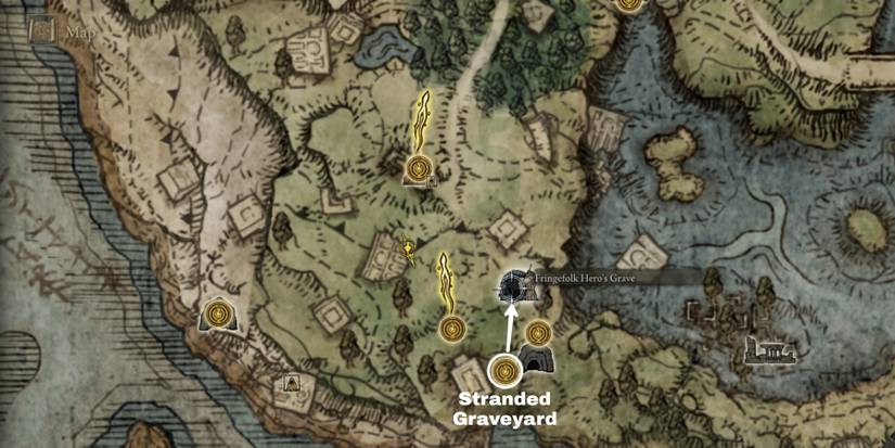 Fringefolk Hero's Grave location on the map in Elden Ring