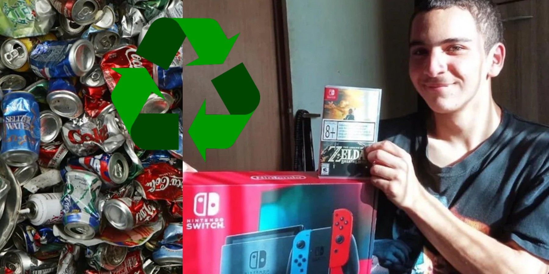 boy recycles cans for nintendo switch