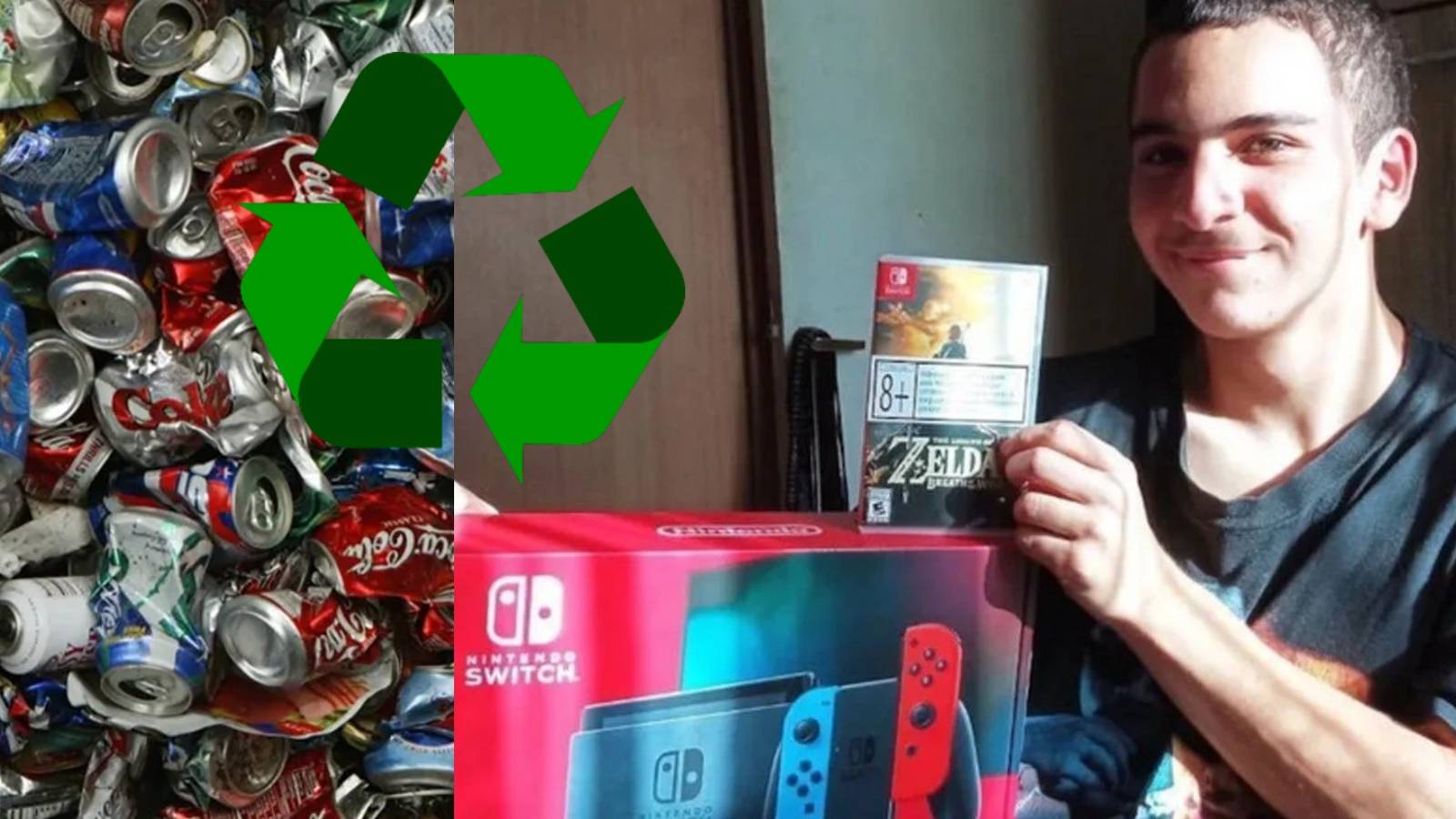 boy recycles cans for nintendo switch