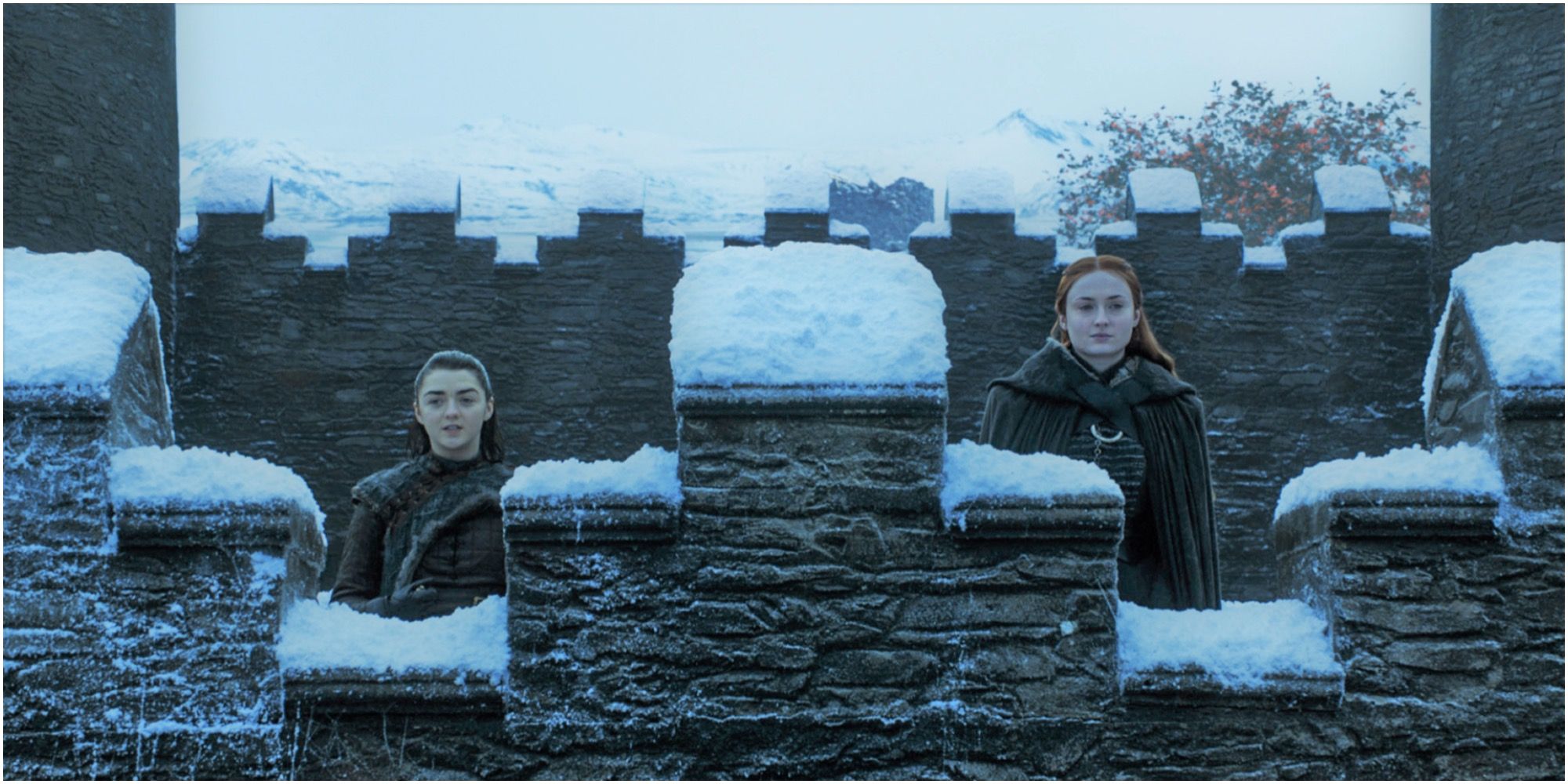 Game of Thrones Locations To Visit Westeros Winterfell Arya and Sansa Looking Ovre Castle