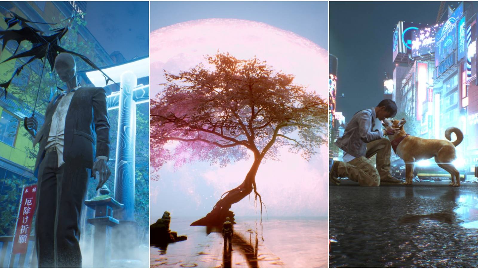 Ghostwire Tokyo - A joined image of 3 screenshots.