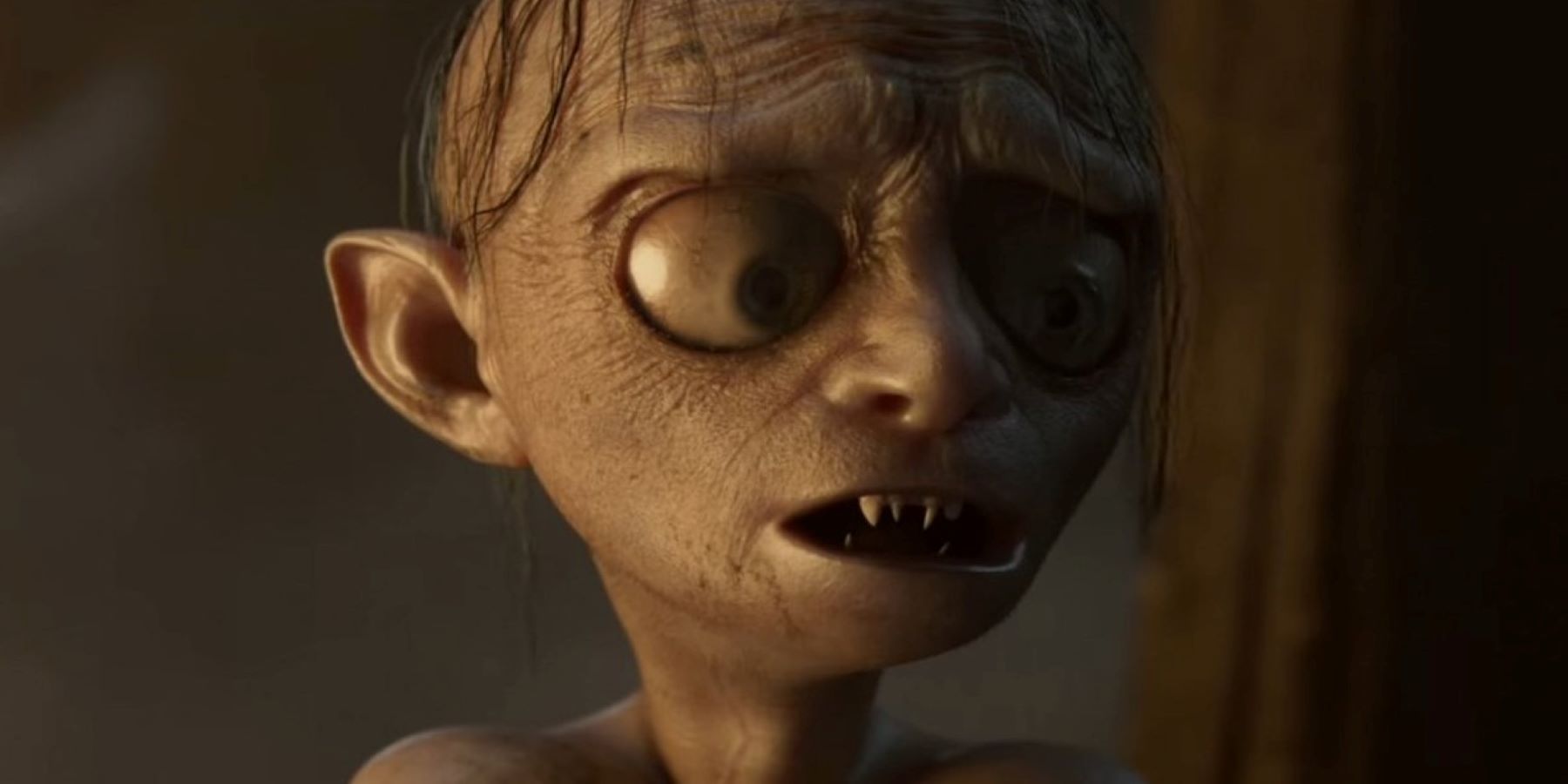 Close up of Gollum looking nervous in a trailer for Lord of the Rings: Gollum
