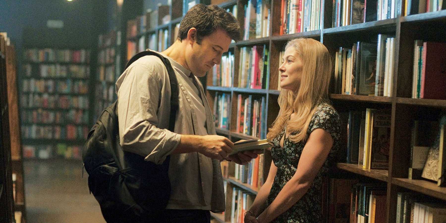 Ben Affleck and Rosamund Pike in a library in Gone Girl