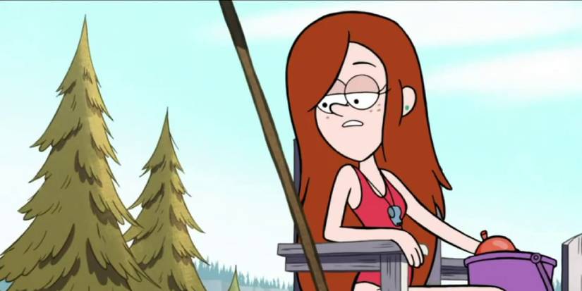 Wendy serving as a lifeguard and looking down, bored