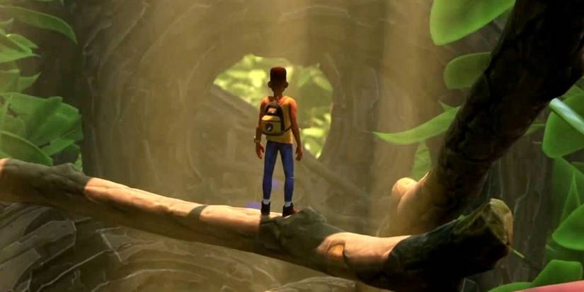 Max standing on a tree branch in a Grounded trailer