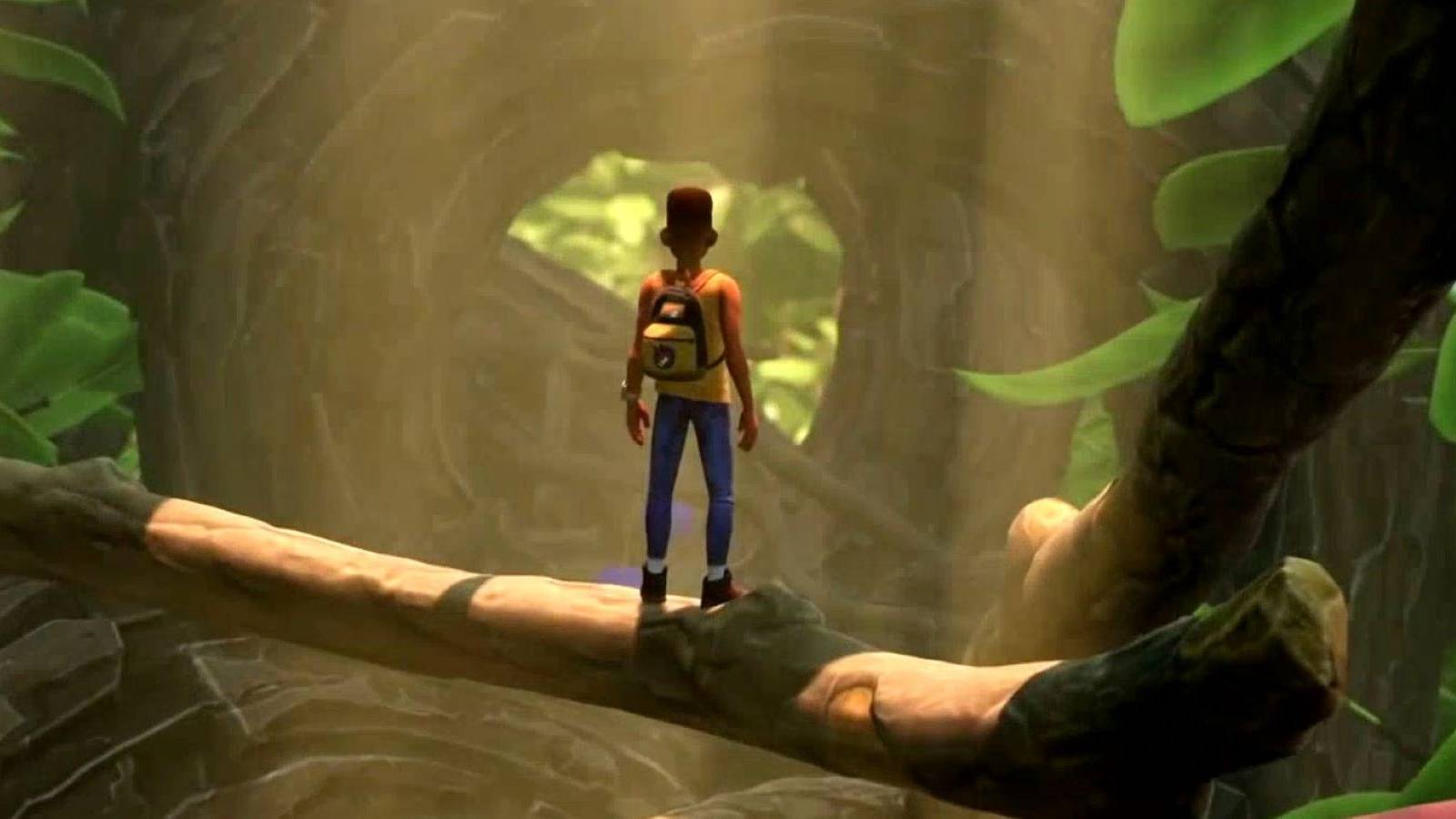 Max standing on a tree branch in a Grounded trailer