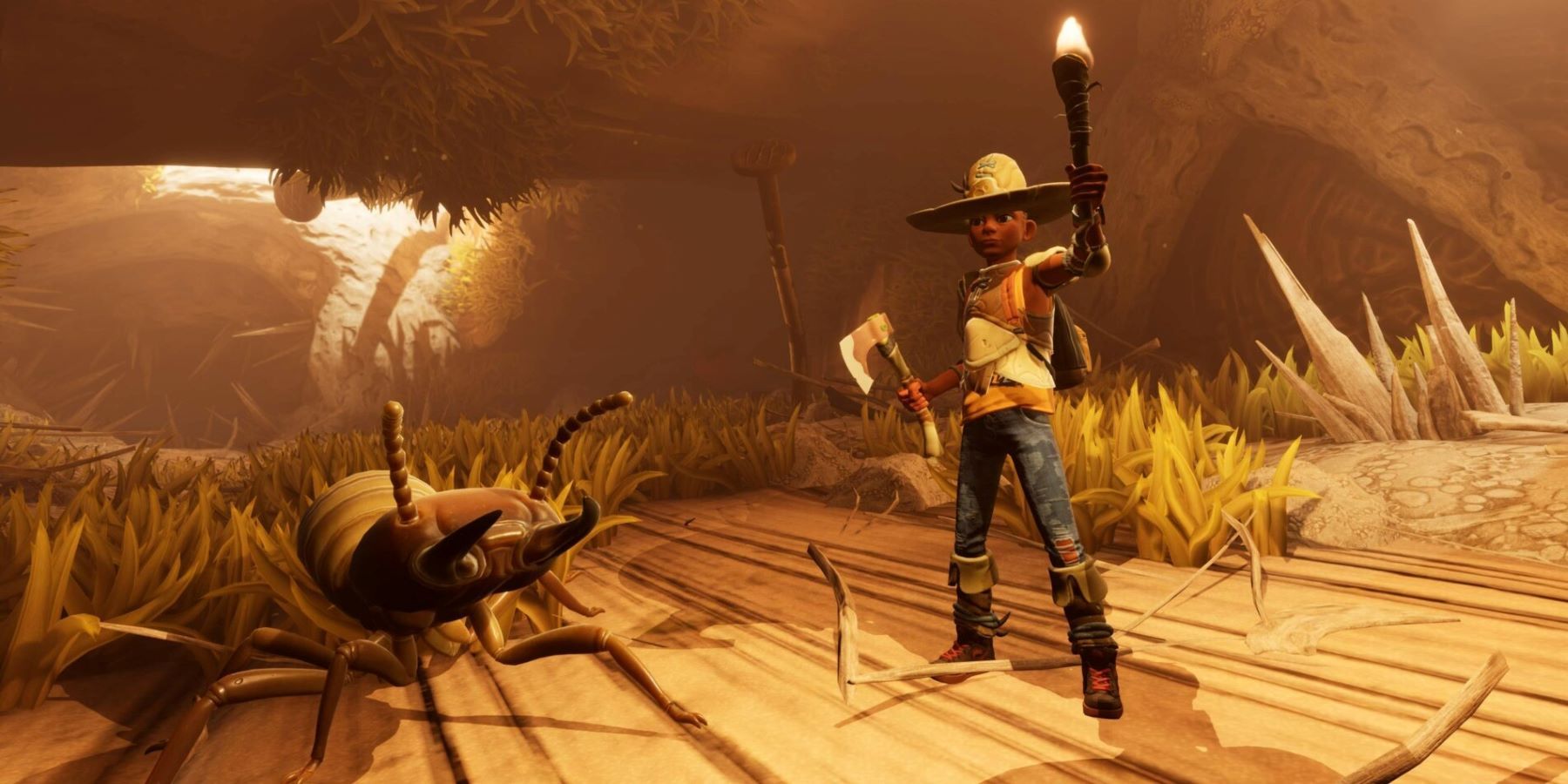 Grounded's max holding a torch and axe while standing next to an insect