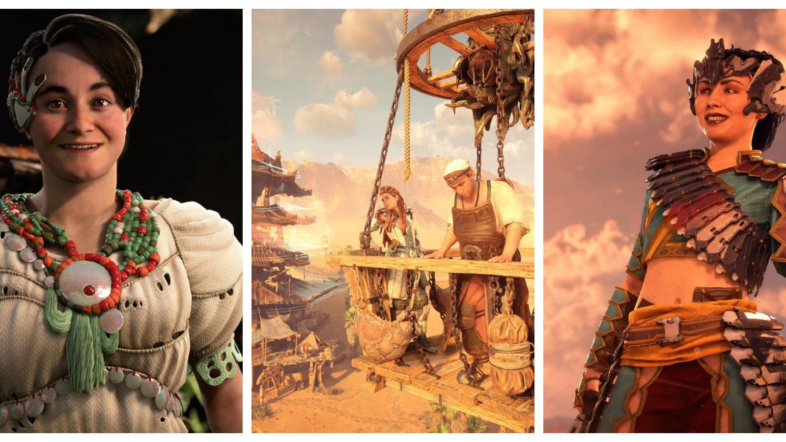 alva smiling at the camera; aloy and morlund in a wooden hot air ballon basket; talanha in full carja armor smiling with the sky behind her