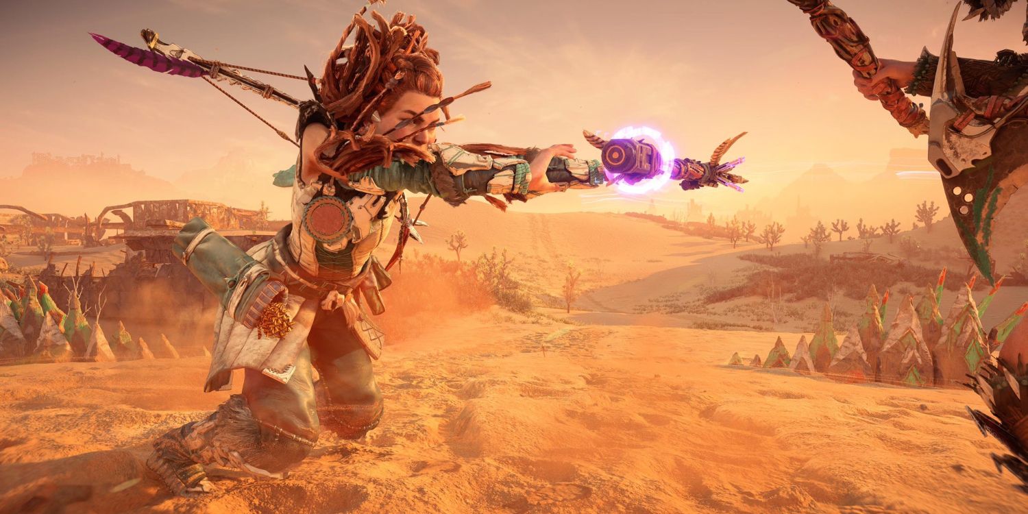 aloy standing in a desert swinging her spear with a purple glow on it 