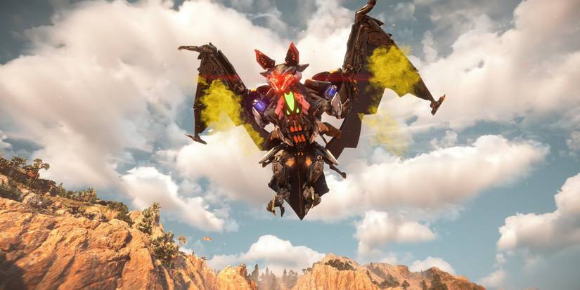 a large, mechanical bat with greenish clouds around its wings flying in the air with white clouds and a blue sky behind it