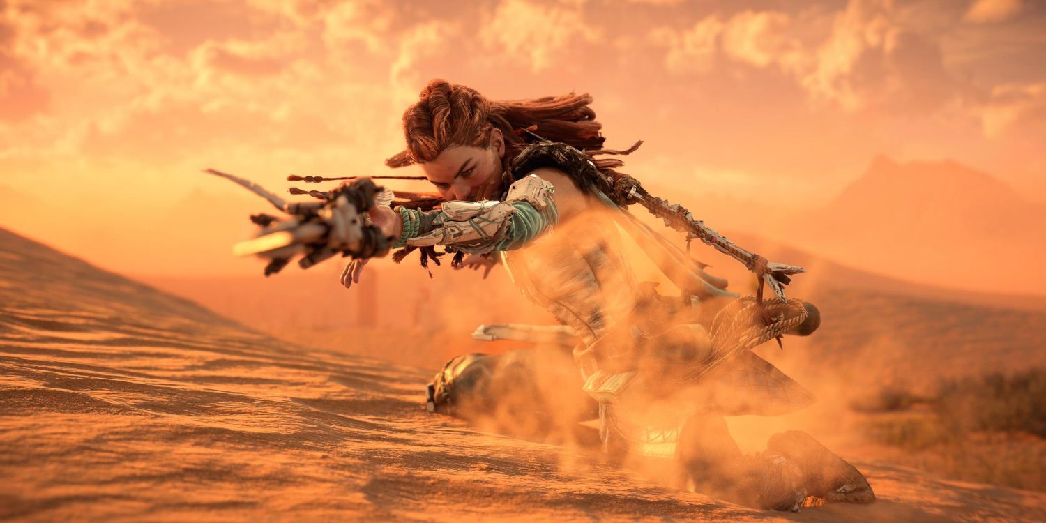 aloy swinging her spear in a crouched position on a sand dune in a desert