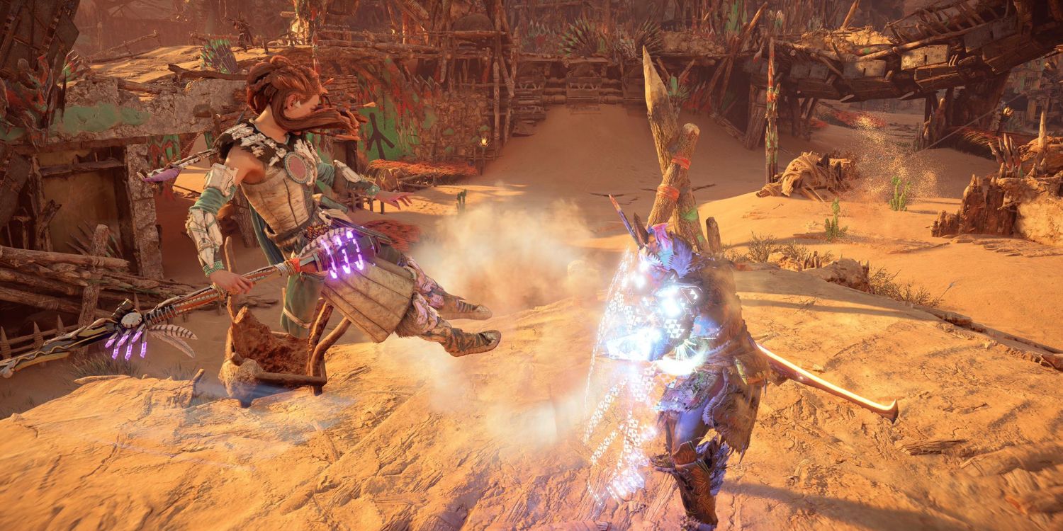 aloy leaping off a shield-wielding enemy and flying backward with a desert camp in the background