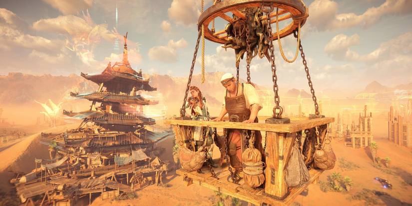 aloy and morlund in a wooden, hot air ballon basket with a japanese pagoda on the ground behind them 