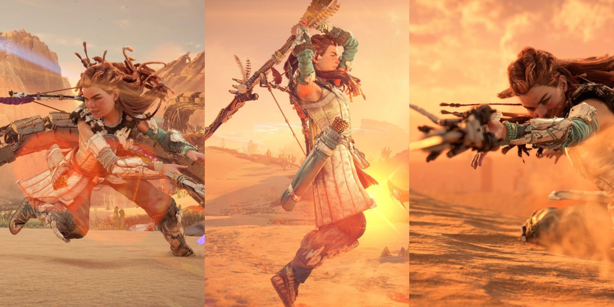 aloy swinging her spear in a large arc; aloy swinging her spear over her head; aloy stabbing her spear straight forward