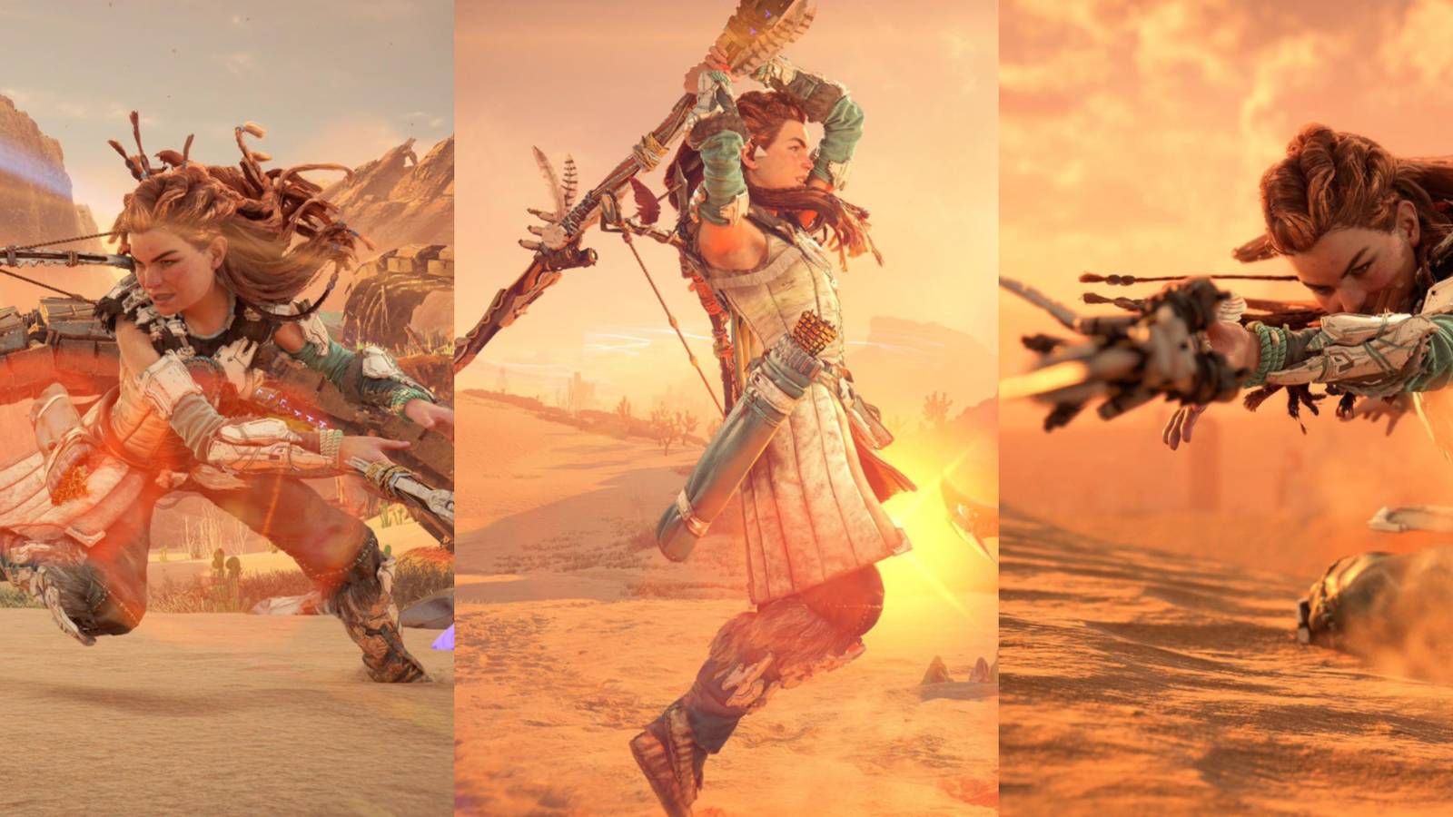 aloy swinging her spear in a large arc; aloy swinging her spear over her head; aloy stabbing her spear straight forward