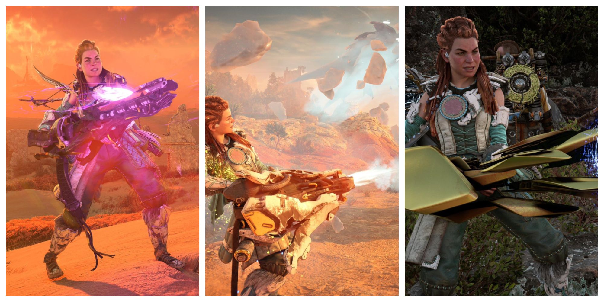 Aloy holding a glowing purple gun in the desert; aloy firing a large gun thats shooting out a light blue mist; aloy in green and white armor holding an angular, golden gun 