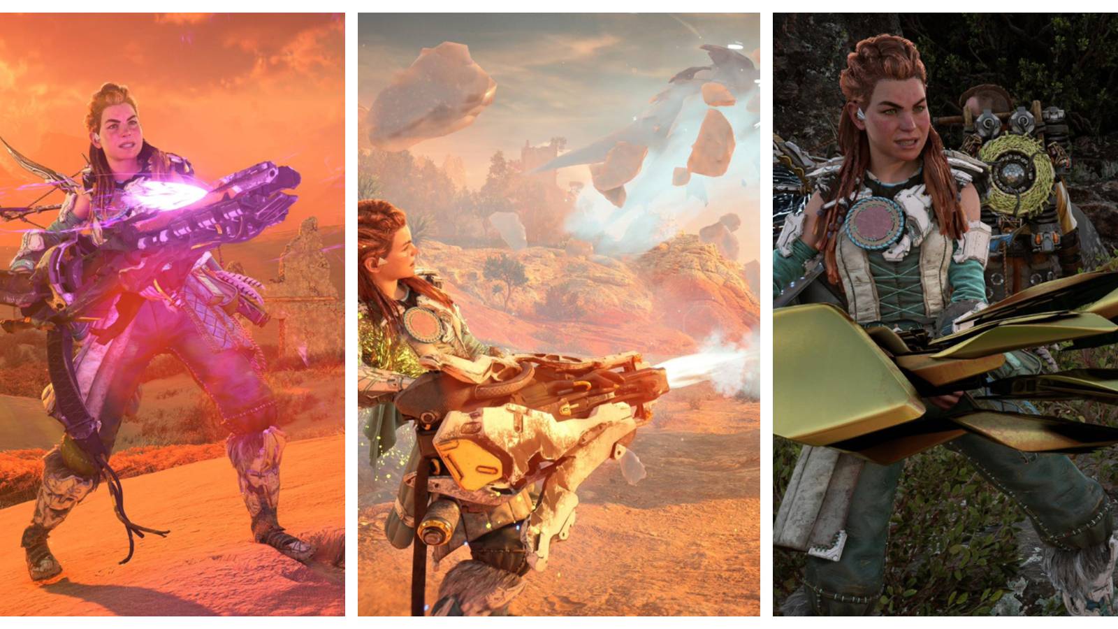 Aloy holding a glowing purple gun in the desert; aloy firing a large gun thats shooting out a light blue mist; aloy in green and white armor holding an angular, golden gun 