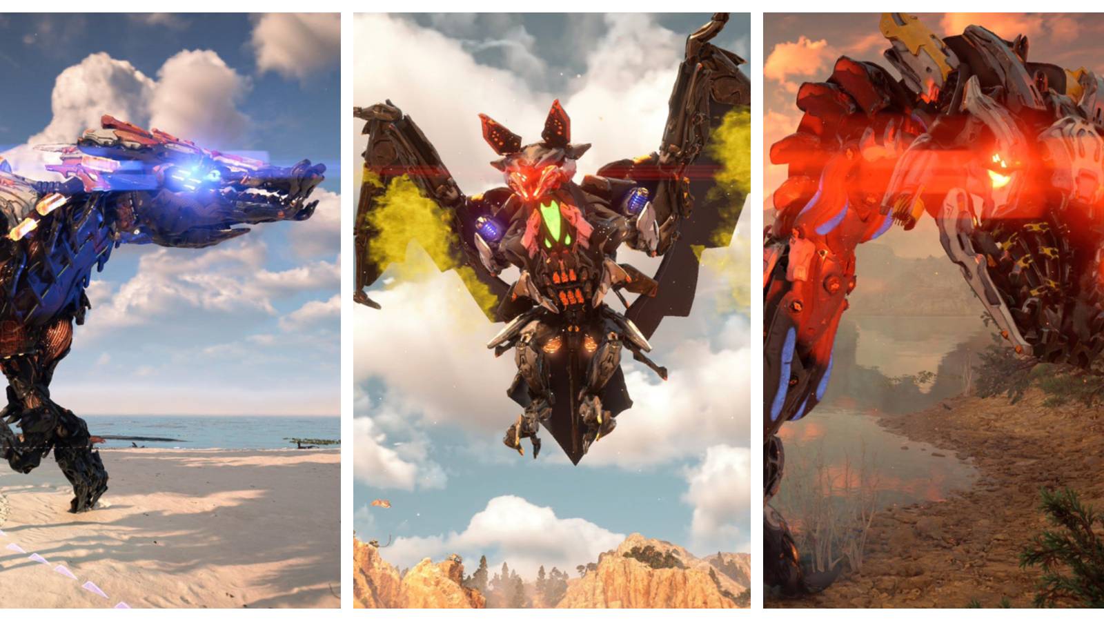 a mechanical dinosaur on a beach; a mechanical bat with green mist on its wings flying overhead; a robot loch ness monster with glowing red eyes