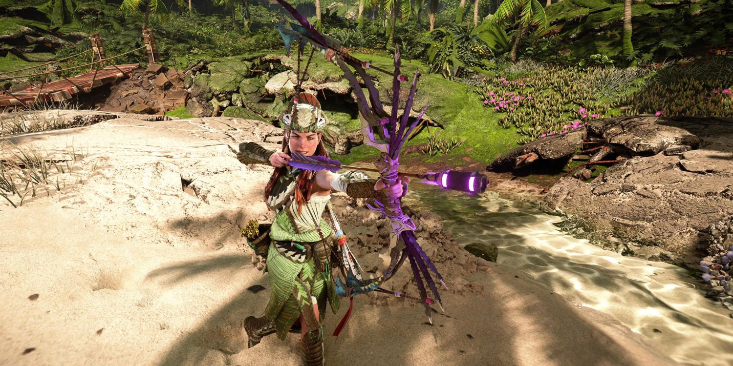 Aloy in a white, cloth outfit with a green skirt pulls back a purple, glowing arrow on a large, wooden bow with sticks attack to the handle