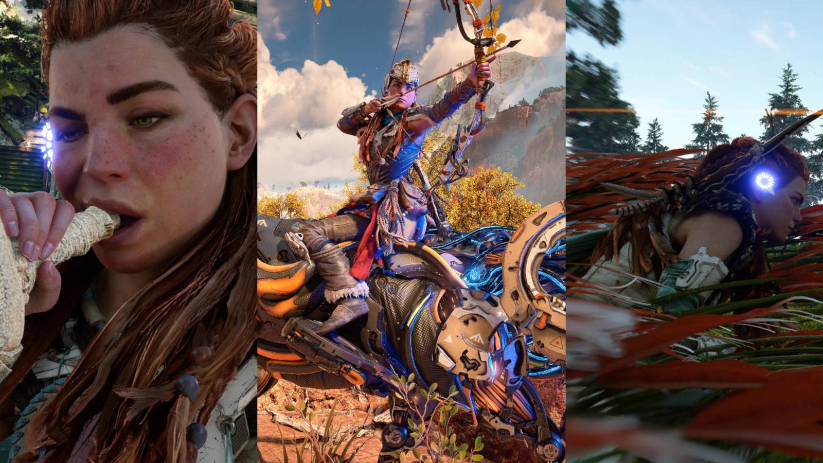 aloy uncorking a bottle with her mouth; aloy pulling back an arrow while riding a mechanical bull; aloy hiding in tall, red grass