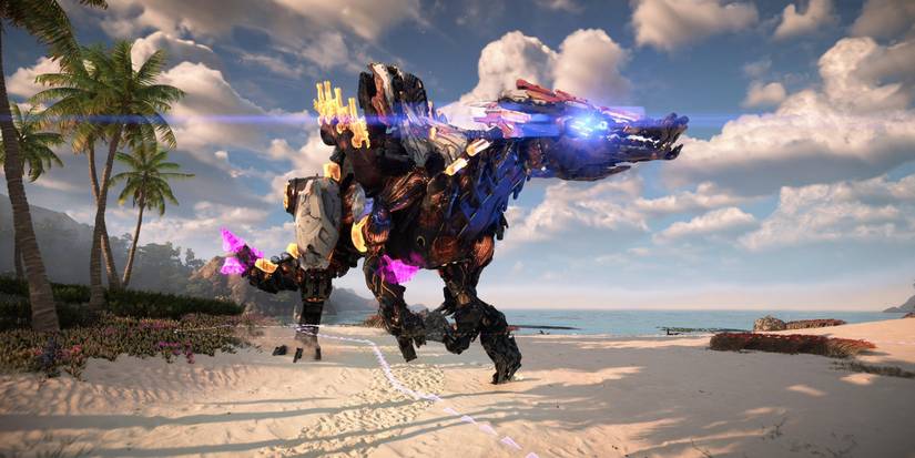 a bipedal, mechanical dinosaur with glowing blue eyes standing on a beach with palm trees to the left