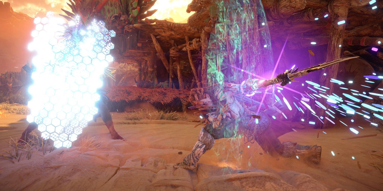 aloy striking a shield-holding enemy human with her spear, creating a green and blue aura around her